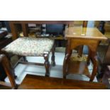 CIRCA 1920S STAINED WOOD OBLONG STOOL WITH BALUSTER TURNED LEGS AND AN OAK OBLONG URN STAND WITH