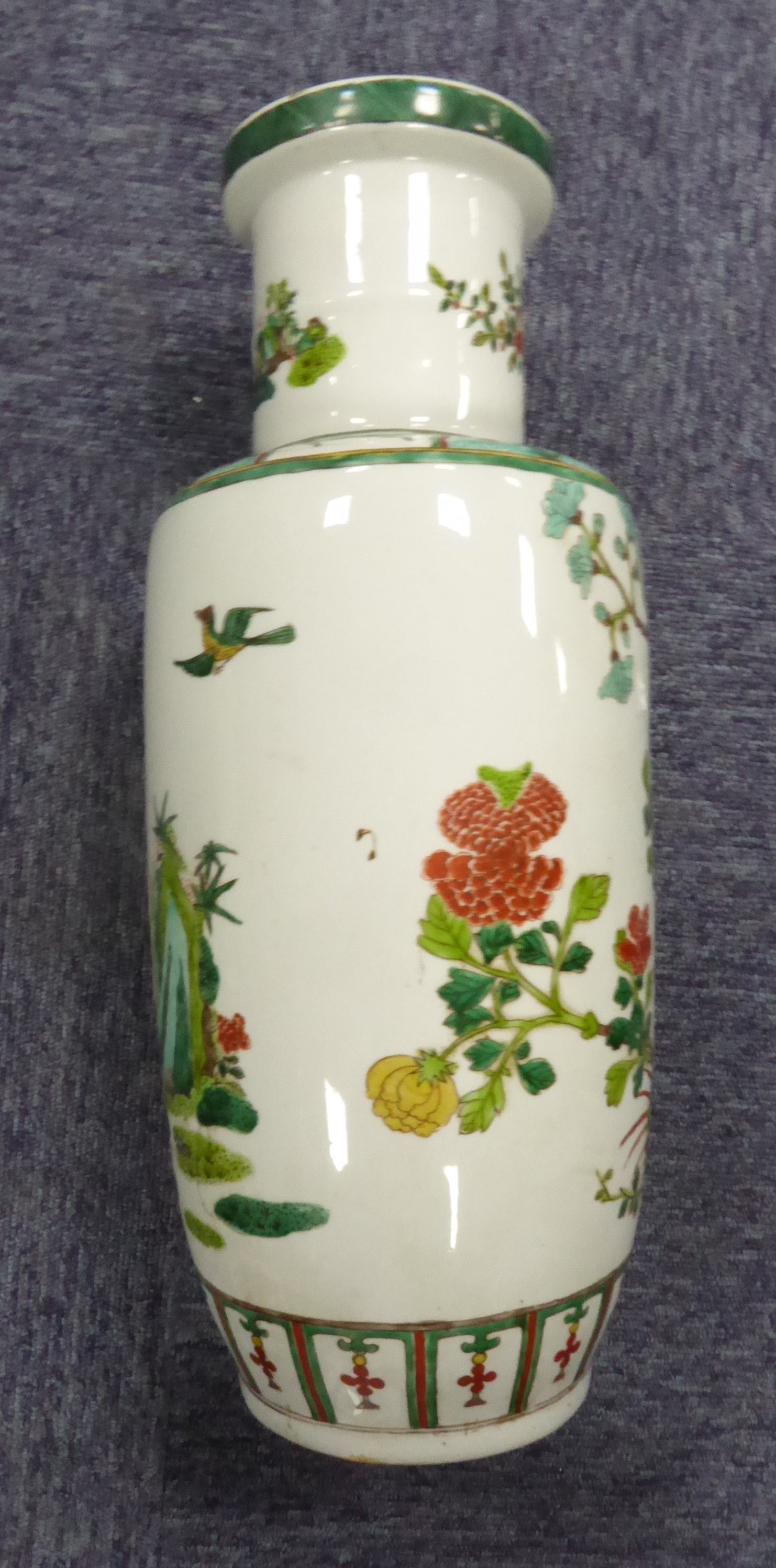 CHINESE, PROBABLY LATE QING DYNASTY, FAMILLE VERTE ENAMELLED ROULEAU VASE, well-painted with two - Image 4 of 9