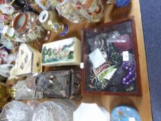 SMALL SELECTION OF COSTUME JEWELLERY, IN SMALL TABLE TOP DISPLAY CASE, TWO JEWELLERY BOXES, an