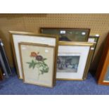 A FLORAL PICTORIAL TAPESTRY, FRAMED AND FIVE PRINTS (6)