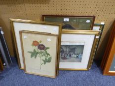 A FLORAL PICTORIAL TAPESTRY, FRAMED AND FIVE PRINTS (6)