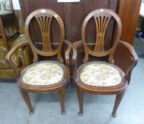 A PAIR OF, CIRCA 1920'S, MAHOGANY OPEN ARM DESK CHAIRS, OVAL BACK WITH FIVE BAR SPLAT CANEWORK