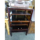 PAIR OF MODERN DARK MAHOGANY SQUARE COFFEE TABLES, WITH SMOKED GLASS TOPS, UNDERSHELF ON TRIFORM
