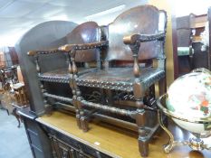 PAIR OF JACOBEAN STYLE OAK CARVER'S ARMCHAIRS