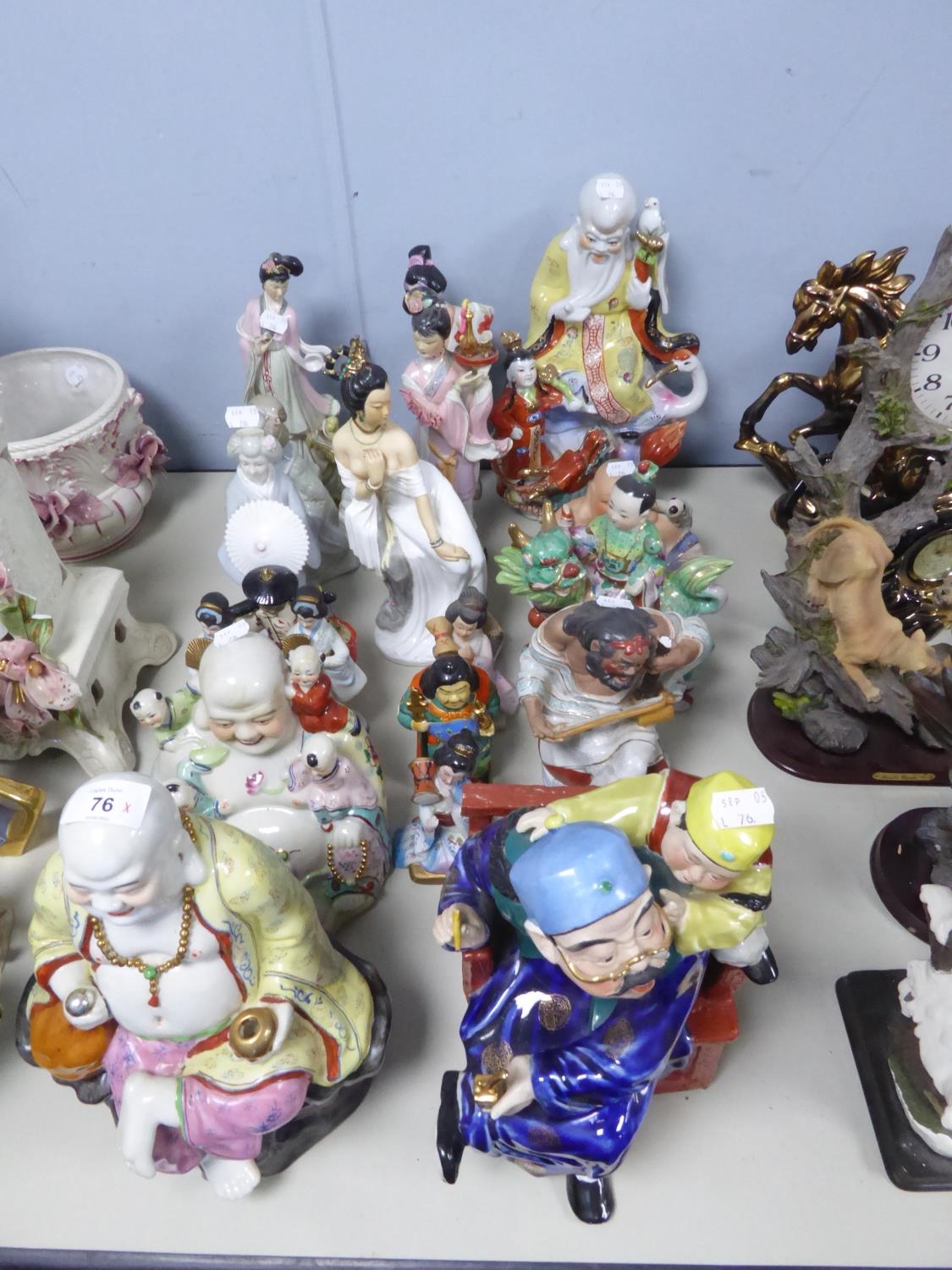 COLLECTION OF MODERN ORIENTAL CERAMIC FIGURES, including: THREE OF THE LAUGHING BUDDHA, two with