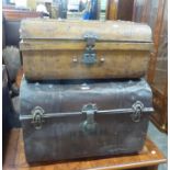 VINTAGE METAL TRUNK, with studded top, grain painted to light oak, together with ANOTHER, LARGER,