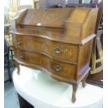 MODERN CONTINENTAL INLAID WALNUT BUREAU, with two drawers to the shaped front, and square cabriole