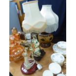 TWO FEMALE FIGURE TABLE LAMPS, ON WOOD BASES AND THE SILK SHADES AND A LARGE POTTERY GLOBULAR