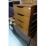 CIRCA 1960'S STAINED WOOD AND PLY PANEL SARCOPHAGUS SHAPED BLANKET BOX, DITTO BEDSIDE CHEST WITH