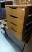 CIRCA 1960'S STAINED WOOD AND PLY PANEL SARCOPHAGUS SHAPED BLANKET BOX, DITTO BEDSIDE CHEST WITH