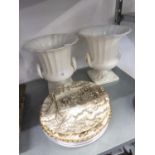 PAIR OF WHITE POTTERY FLOWER ARRANGING URNS AND A SELECTION OF POTTERY DESSERT/RACK PLATES