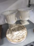 PAIR OF WHITE POTTERY FLOWER ARRANGING URNS AND A SELECTION OF POTTERY DESSERT/RACK PLATES