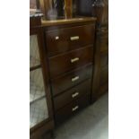 A MAHOGANY FINISH TALL PEDESTAL OF FIVE DRAWERS AND A SHALLOW TWO DOOR STORAGE CABINET (2)