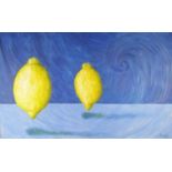 SINDALY OIL PAINTING ON CANVAS Two lemons on a blue background Signed lower right 31 1/2in x 51 1/