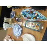 A LEAF SHAPED POOLE POTTERY DISH, 3 WEDGWOOD JASPERWARE PLATES, OTHER GLASS AND POTTERY DECORATIVE