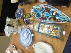 A LEAF SHAPED POOLE POTTERY DISH, 3 WEDGWOOD JASPERWARE PLATES, OTHER GLASS AND POTTERY DECORATIVE