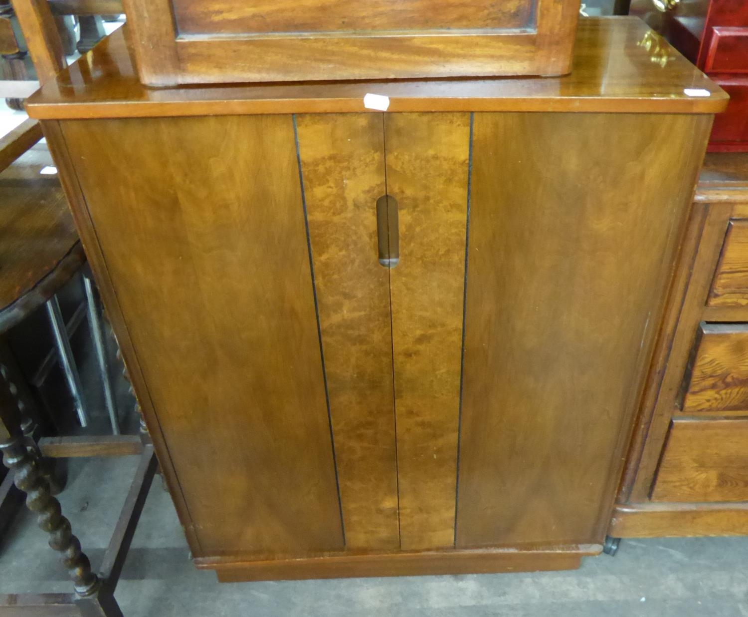 A MAHOGANY FINISH TALL PEDESTAL OF FIVE DRAWERS AND A SHALLOW TWO DOOR STORAGE CABINET (2) - Image 2 of 2