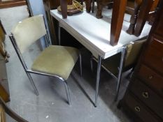 CIRCA 1960S ‘SUPERMATIC’ DRAW-LEAF KITCHEN TABLE, WITH FORMICA TOP AND CHROMED METAL LEGS AND A PAIR