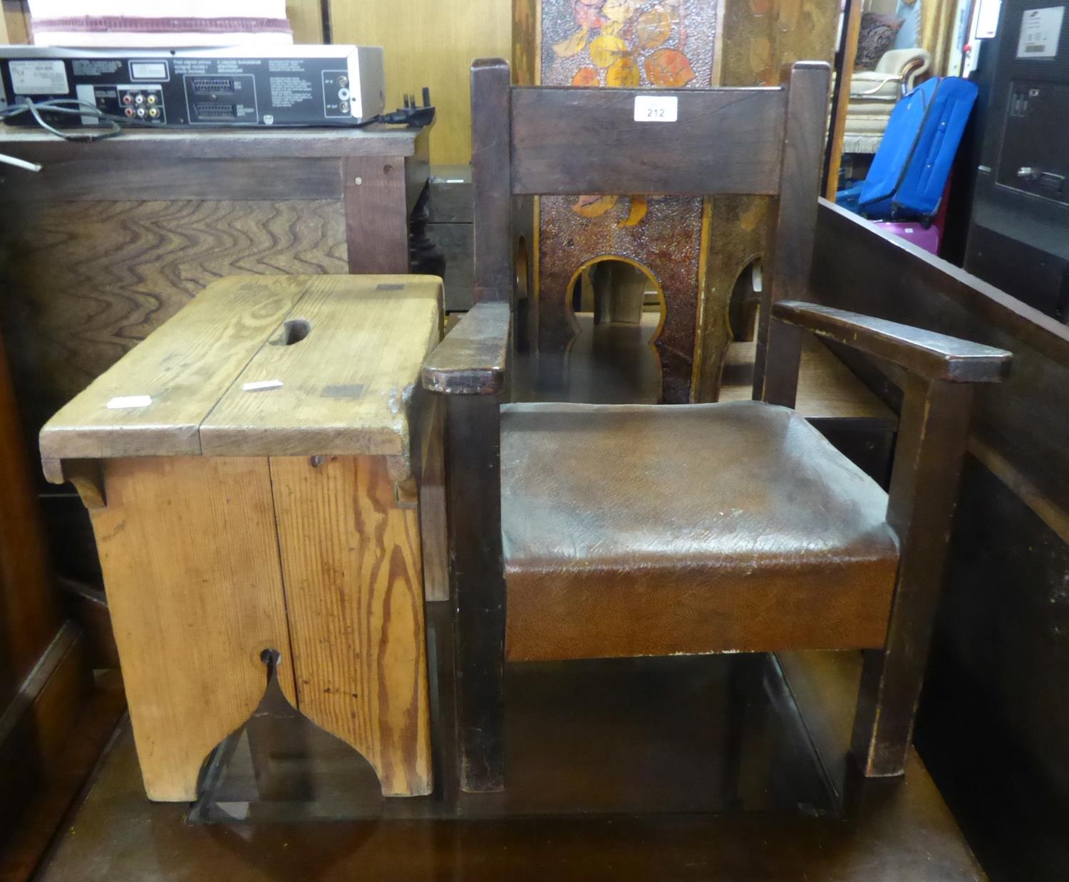 A CHILD’S, CIRCA 1920'S OAK OPEN ARMCHAIR, WITH BROWN REXINE STUFF OVER SEAT AND A RUSTIC PINE STOOL