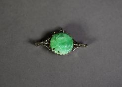 INDISTINCTLY STAMPED WHITE GOLD/PLATINUM CARVED GREEN JADE SET BROOCH with matching JADE PENDANT