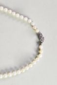 SINGLE STRAND NECKLACE OF 63 GRADUATED CULTURED PEARLS, having unmarked white metal pointed oval