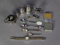 MIXED LOT OF SMALL ELECTROPLATED ITEMS, to include: ENGRAVED VESTA CASE, THREE PIECE CONDIMENT