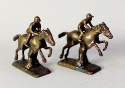 MONTAGUE EDE, LONDON (DESMO), TWO BRONZE EQUESTRIAN VINTAGE CAR MASCOTS - National Hunt jockey and