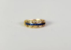 GOLD HALF HOOP RING, with a row of baguette cut sapphires between wavy borders set with tiny