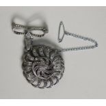 LATE 1950's SILVER and MARCASITE BOWED RIBBON suspended LADY'S LAPEL WATCH, with TITUS MOVEMENT