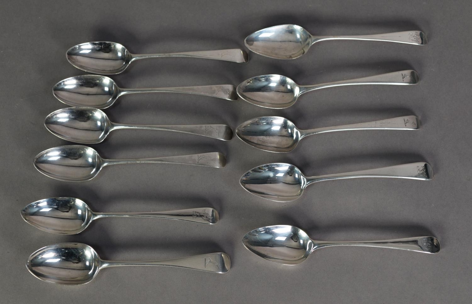 SET OF FOUR GEORGE III SILVER OLD ENGLISH PATTERN CRESTED DESSERT SPOONS by William Summer & Richard