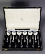 INTER-WAR YEARS CASED SET OF SIX ELECTROPLATED FRUIT SERVING SPOONS and SIX FORKS (case imperfect)