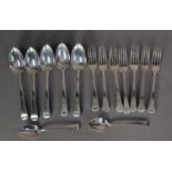 SET OF FIVE GEORGE III OLD ENGLISH PATTERN TABLE SPOONS, SEVEN TABLE FORKS and TWO DESSERT SPOONS,