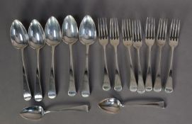 SET OF FIVE GEORGE III OLD ENGLISH PATTERN TABLE SPOONS, SEVEN TABLE FORKS and TWO DESSERT SPOONS,