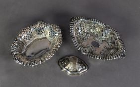 TWO LATE VICTORIAN PIERCED SILVER OBLONG BON BON DISHES, one of pedestal form, base detached, both