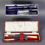 BUTLERS OF SHEFFIELD, PLATED METAL CARVING TRIO, with spiked joint holder, in fitted case and a