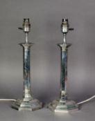 PAIR OF ELECTROPLATED TABLE CANDLESTICKS, each of octagonal column form with moulded bases,