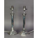 PAIR OF ELECTROPLATED TABLE CANDLESTICKS, each of octagonal column form with moulded bases,