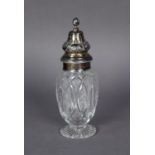 EDWARDIAN CUT GLASS SILVER topped SUGAR CASTOR, 8" high