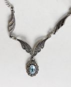 SILVER CHAIN NECKLACE with attached silver and marcasite front, having a drop set with an oval