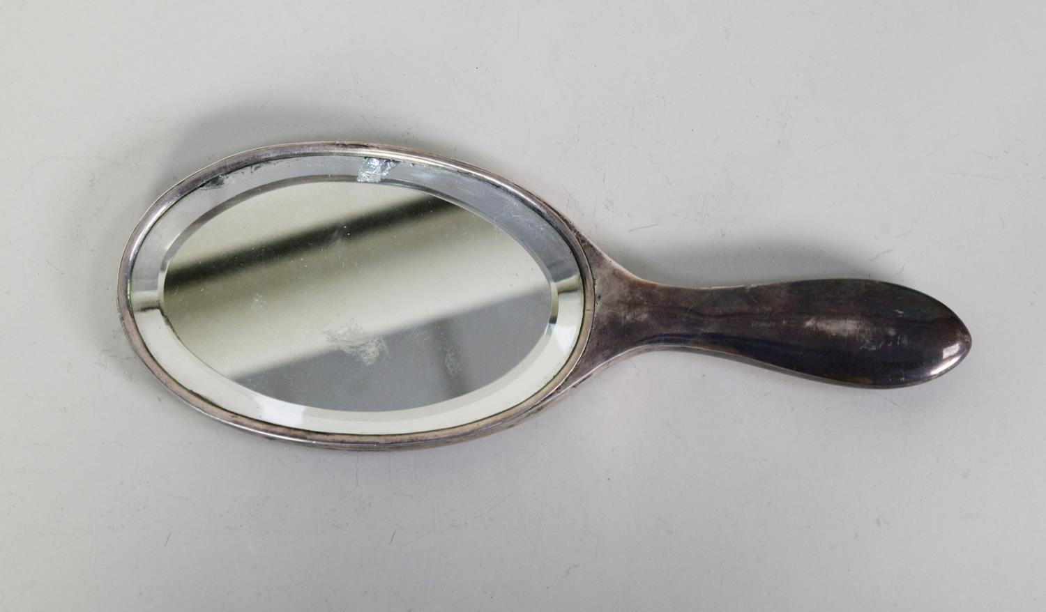 CHINESE EMBOSSED SILVER COLOURED METAL CLAD LADY’S HAND MIRROR, of typical form with oval, bevel - Image 2 of 2