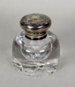 VICTORIAN LARGE GLASS INKWELL WITH HINGED SILVER COVER BY ASPREY, LONDON, crested, 4” (10.2cm) high,