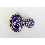 VICTORIAN GOLD COLOUR METAL (no carat mark) SAPPHIRE BLUE ENAMEL and SEED PEARL SET SCROLL BOARDERED