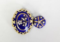 VICTORIAN GOLD COLOUR METAL (no carat mark) SAPPHIRE BLUE ENAMEL and SEED PEARL SET SCROLL BOARDERED