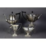 GEORGE V THREE PIECE SILVER PEDESTAL TEA SET BY THOMAS BRADBURY & SONS, of oval form with reeded