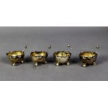 VICTORIAN SET OF FOUR SILVER SMALL OPEN SALTS, each of circular form with pinched border and ball