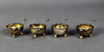 VICTORIAN SET OF FOUR SILVER SMALL OPEN SALTS, each of circular form with pinched border and ball