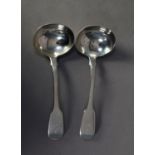 PAIR OF WILLIAM IV SILVER FIDDLE PATTERN CRESTED SAUCE LADLES, London 1835, 3 ½ oz