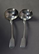 PAIR OF WILLIAM IV SILVER FIDDLE PATTERN CRESTED SAUCE LADLES, London 1835, 3 ½ oz