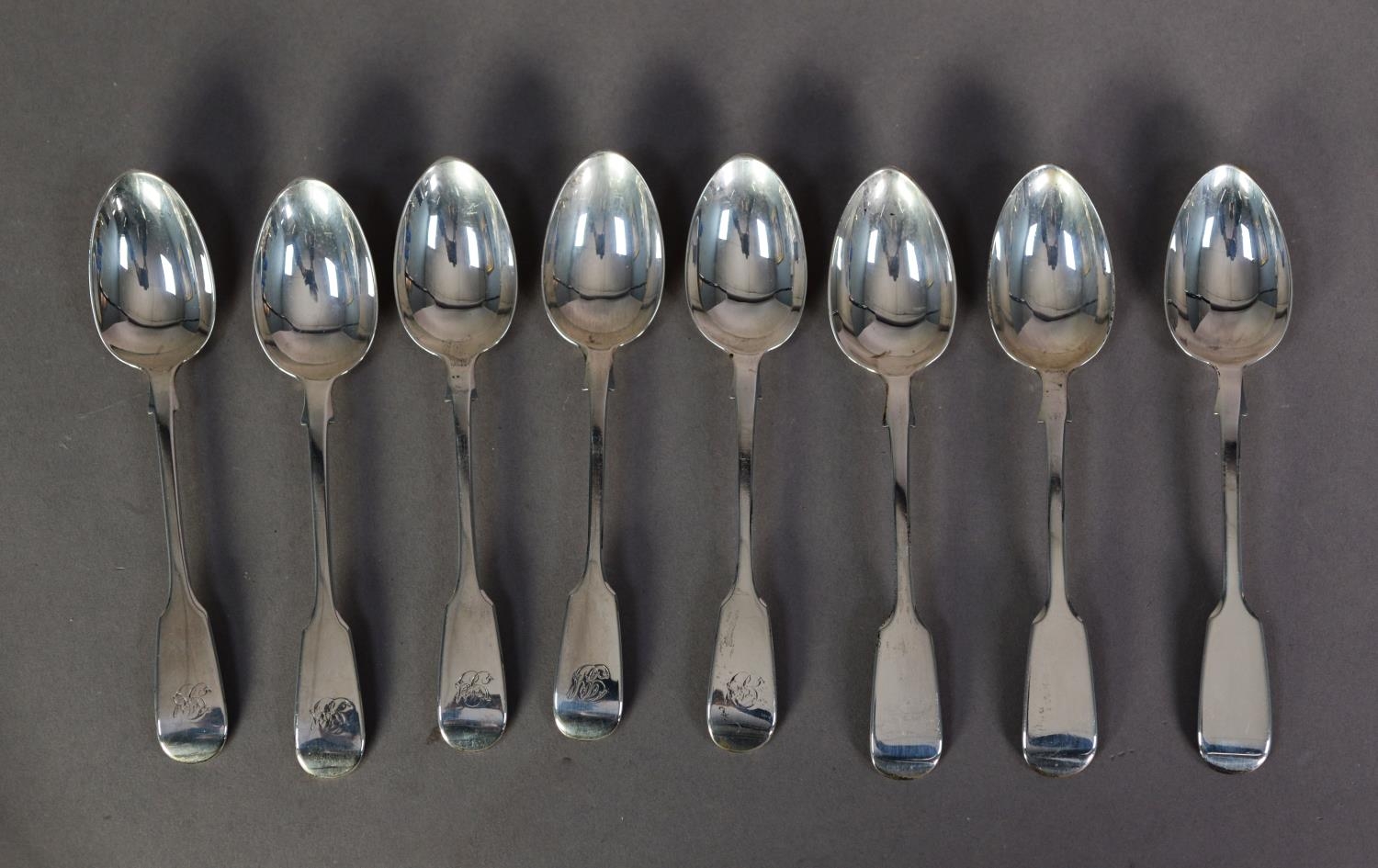 SET OF FIVE VICTORIAN SILVER FIDDLE PATTERN TEA SPOONS with cursive initials, together with a SET OF