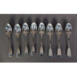 SET OF FIVE VICTORIAN SILVER FIDDLE PATTERN TEA SPOONS with cursive initials, together with a SET OF